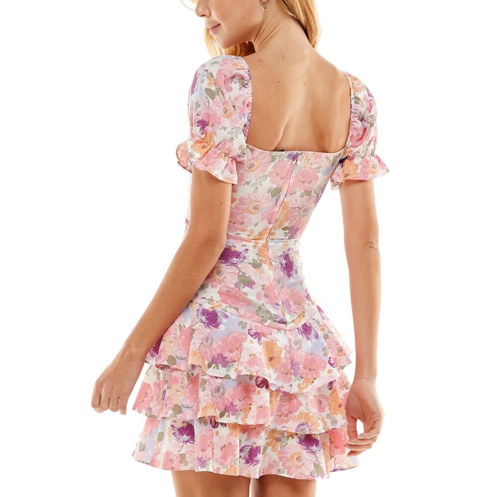 NWT City Studios Juniors Tiered Tie-Bodice Dress Pink Multi 3 - Picture 2 of 8
